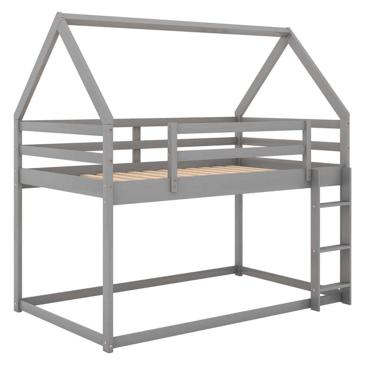 Low Bunk Bed With House Shaped Frame and Ladder - Twin Over Twin