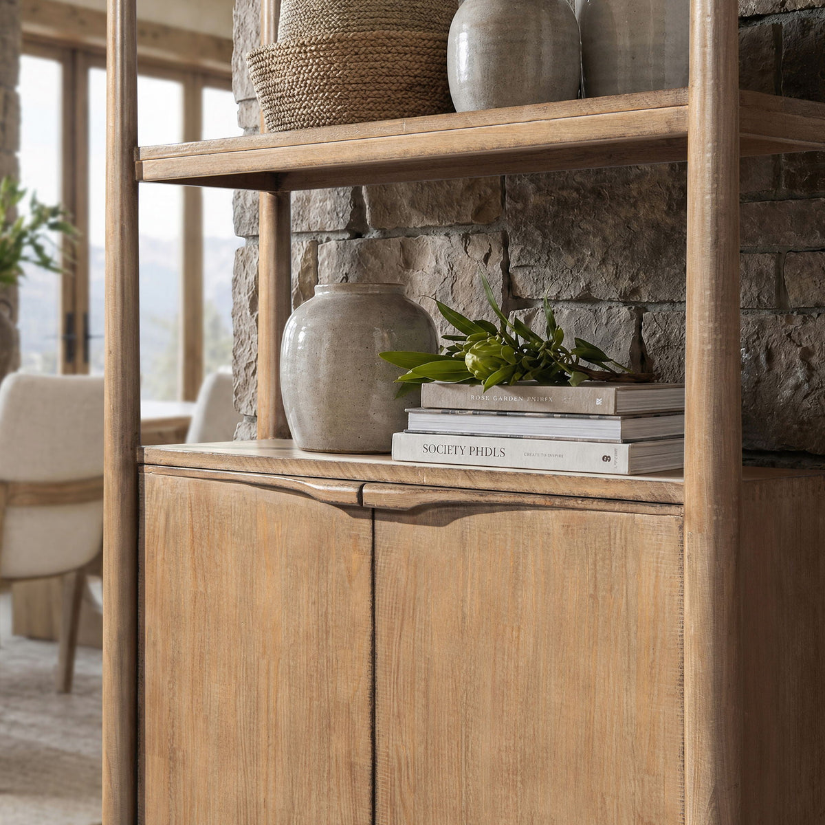 Natural Reclaimed Wood Bookcase with Lower Cabinet - 86" Tall