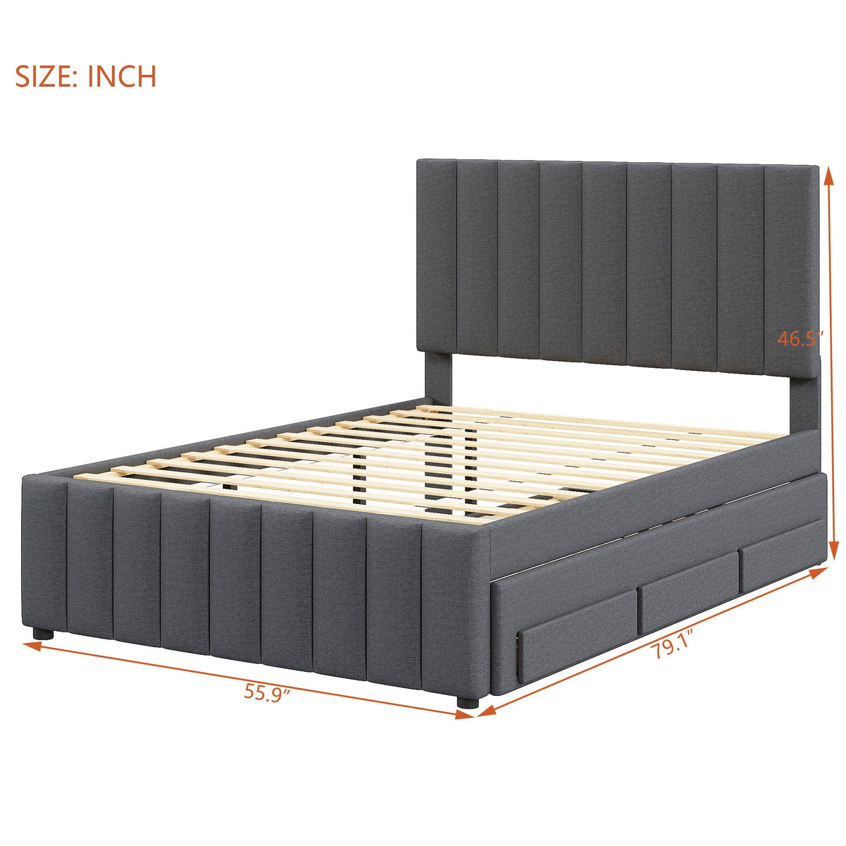 Upholstered Platform Bed with Twin Size Trundle and 3 Drawers - Beige, Full