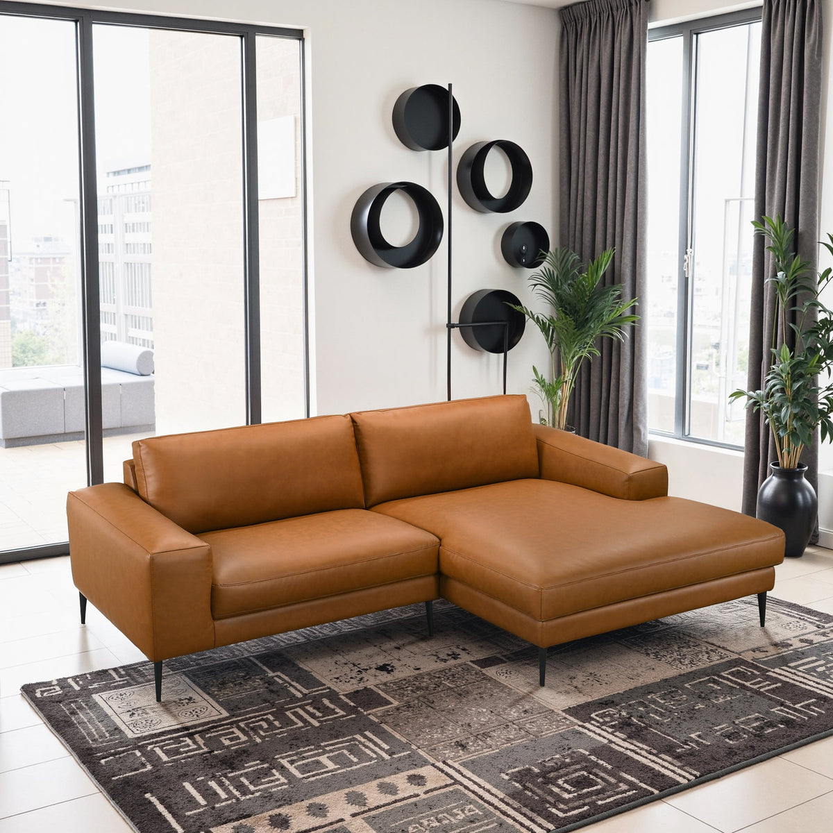 Easley Mid Century Modern Vegan Leather Wide-Arm Sectional Sofa - Brown