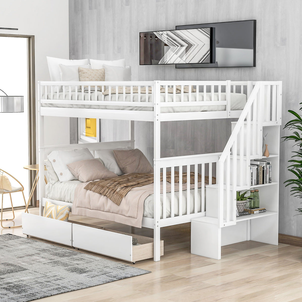 Bunk Bed with Staircase and Storage Options - Dark Gray or White