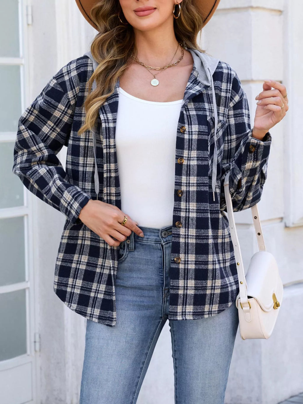 Hooded Plaid Button-Up Shacket
