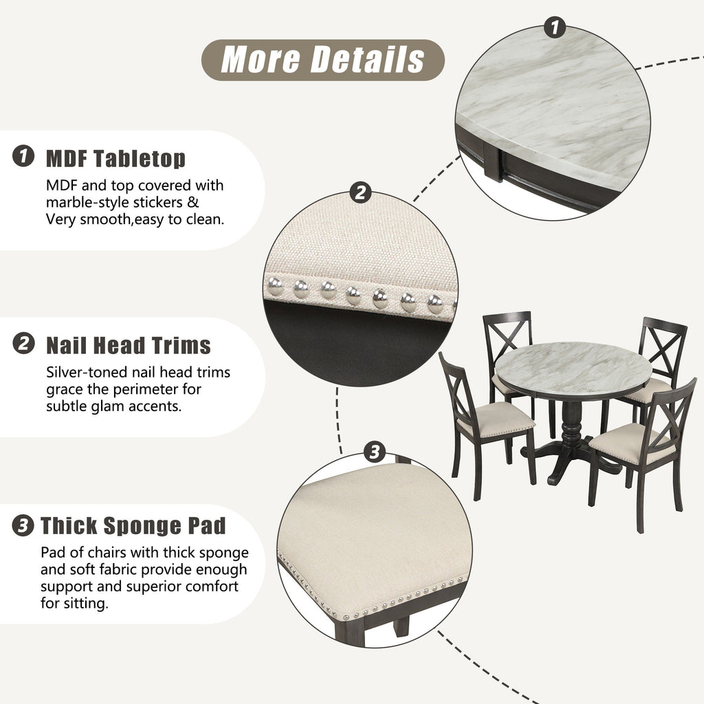 Solid Wood 5 Piece Dining Room Set with Table and 4 Chairs - White or Dark Gray