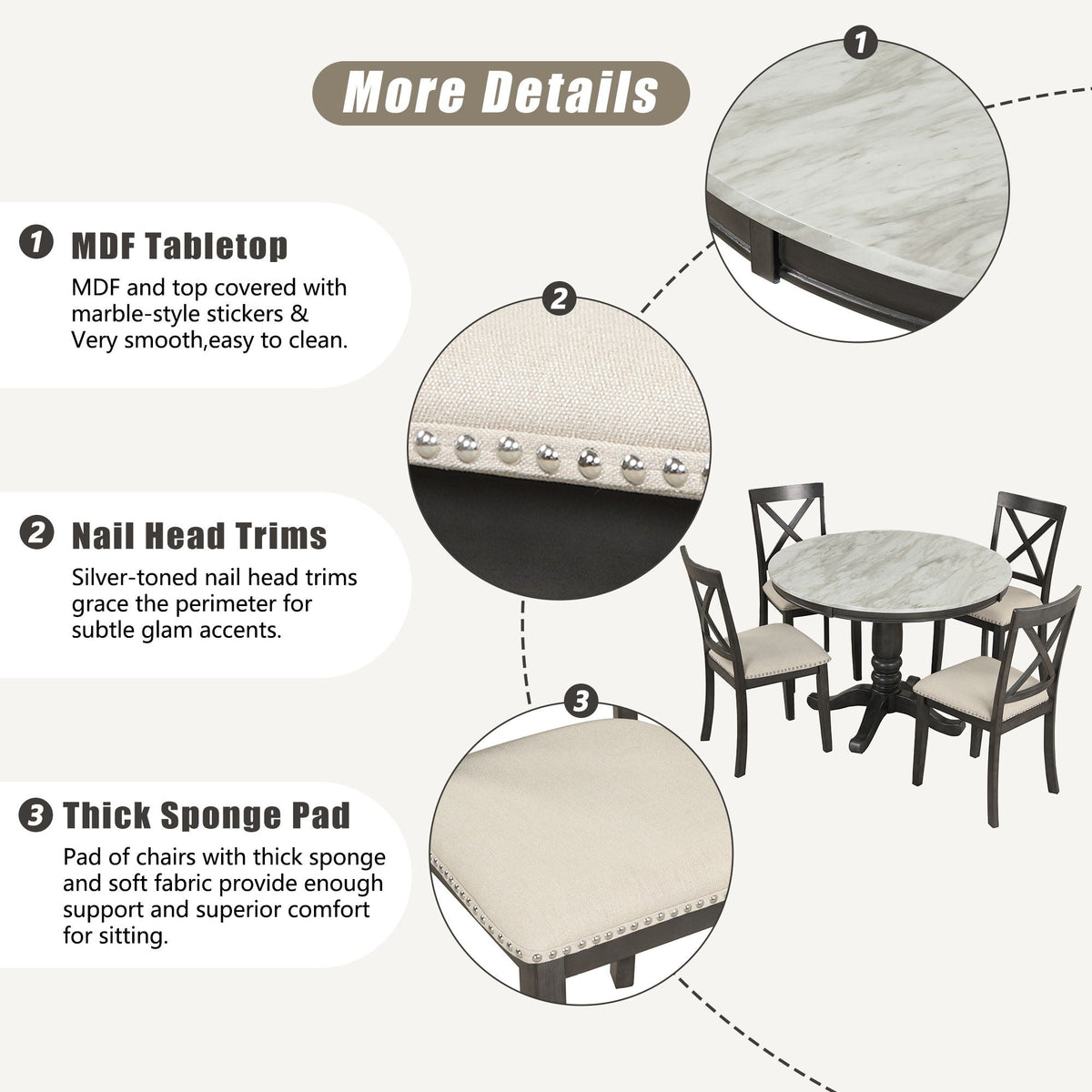 Solid Wood 5 Piece Dining Room Set with Table and 4 Chairs - White or Dark Gray