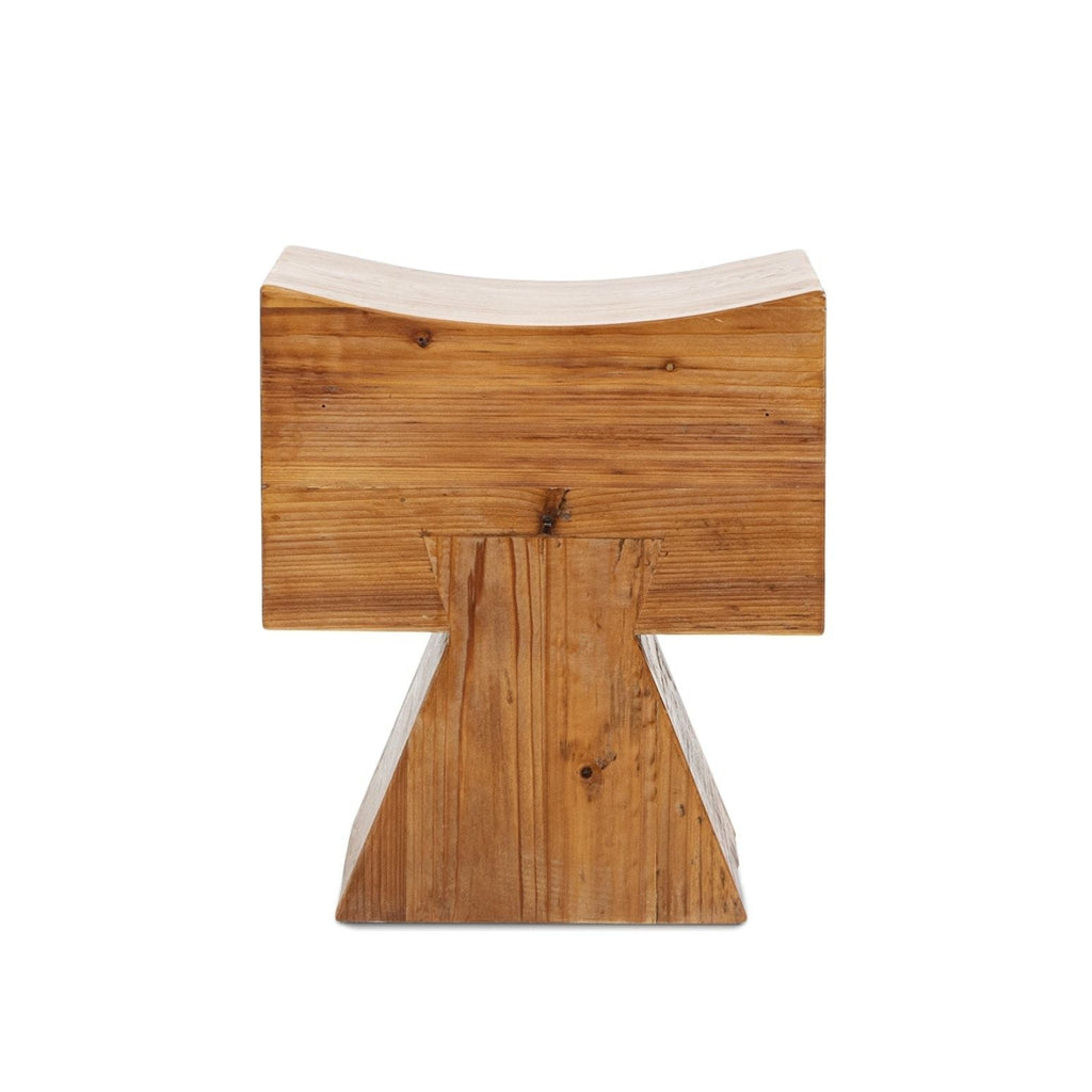 Brown Reclaimed Wood Stool Ottoman with Sculptural Saddle Seat