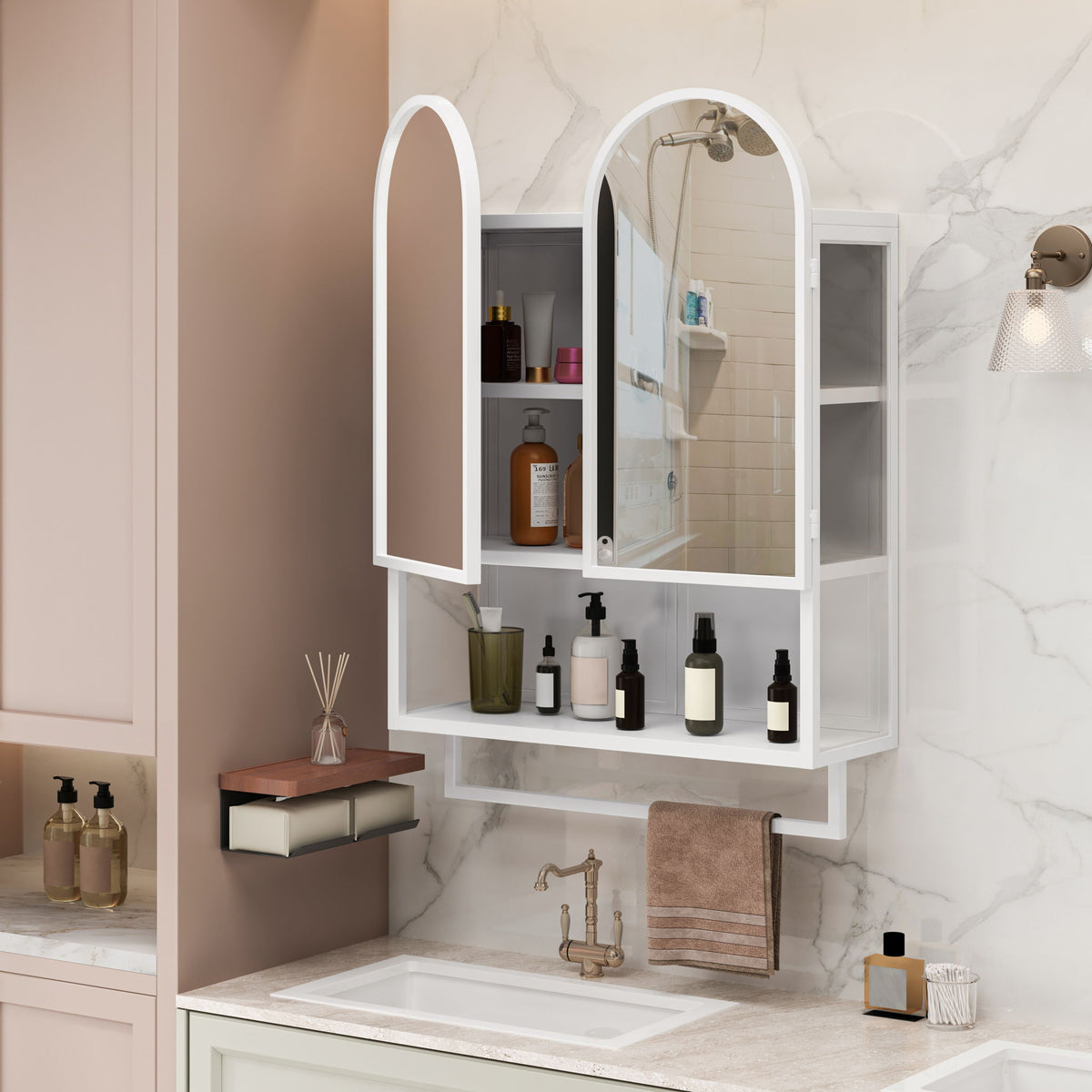 Double Arched Mirror Wall Cabinet with Adjustable Shelves and Towel Rack - Black or White