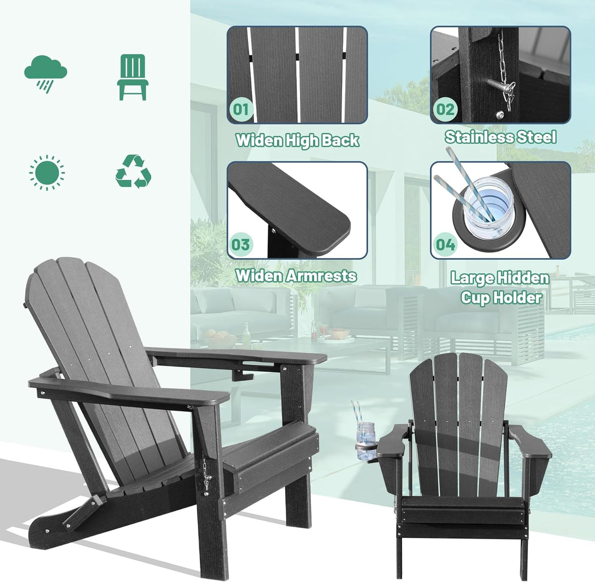 Adirondack Chairs Set of 2 with Cup Holder - Gray
