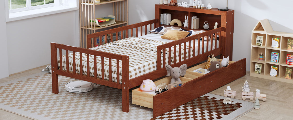 Twin Storage Bed with Headboard Rack & Under-Bed Drawers - Multiple Colors