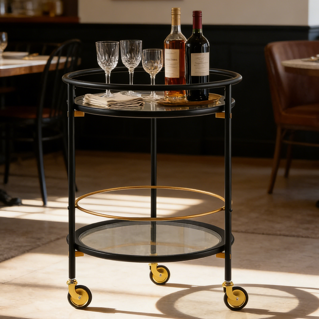 Modern Round Bar Cart with Tempered Glass Shelves - Black and Gold