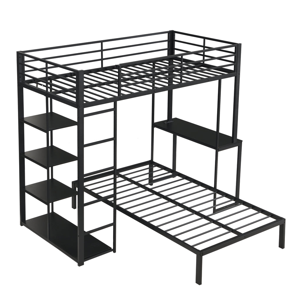 Metal Loft Bed Frame with LED Light Strip, Desk & Storage Shelves - Twin Size