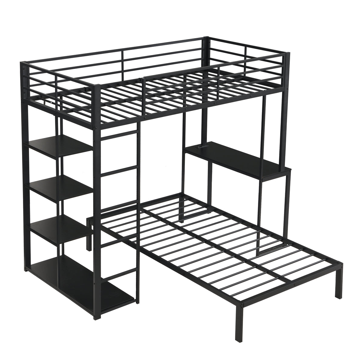 Metal Loft Bed Frame with LED Light Strip, Desk & Storage Shelves - Twin Size