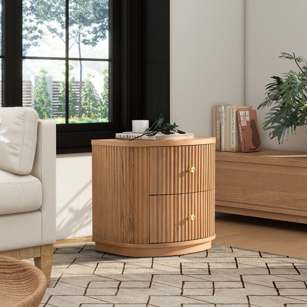 2 Drawer Storage Side Table with Fluted Carved Detail - Light or Dark Brown