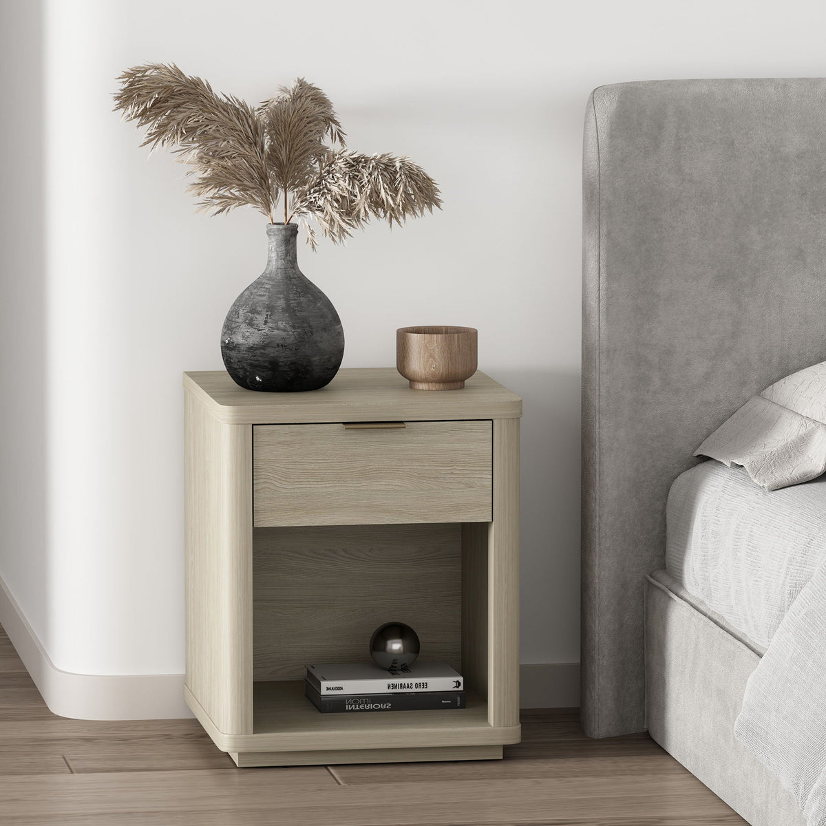 Evelyn Nightstand with 1 Drawer and Open Shelf - Dark Gray, Dark Brown, Light Brown
