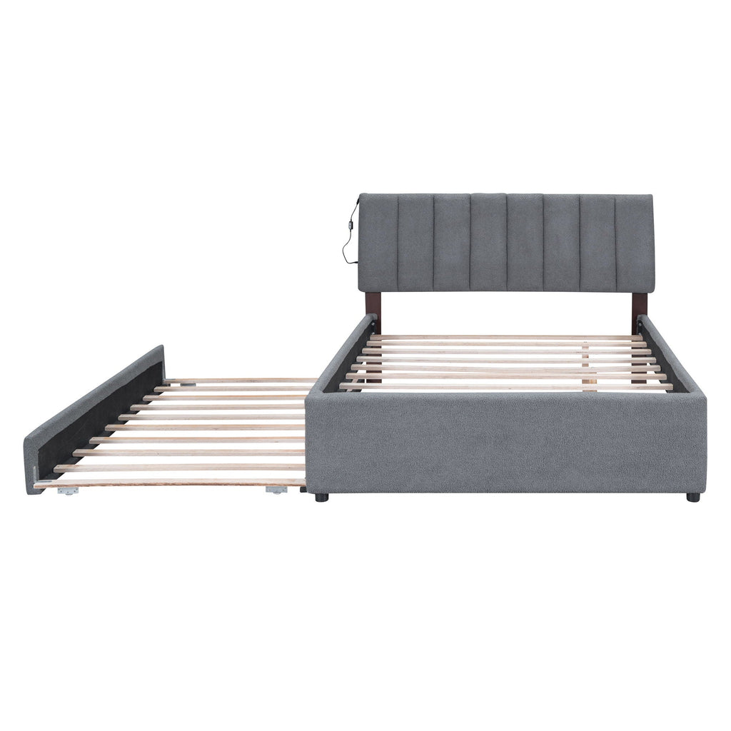 Upholstered Platform Bed With Trundle and LED Lights - Full or Queen