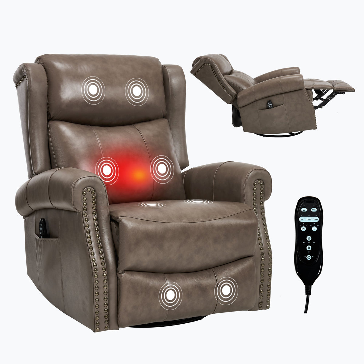 Genuine Leather Heat Massage Manual Recliner Chair with Swivel - Brown+Gray, Blue, Yellow, Red