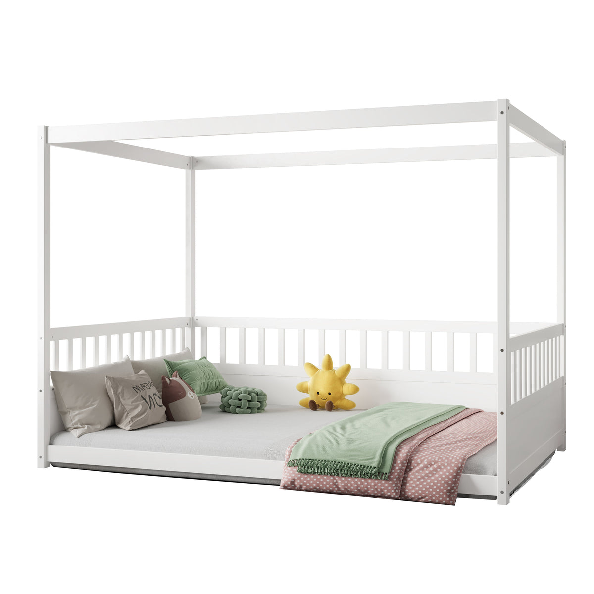 Full Size Canopy Bed Frame with Guardrails - White