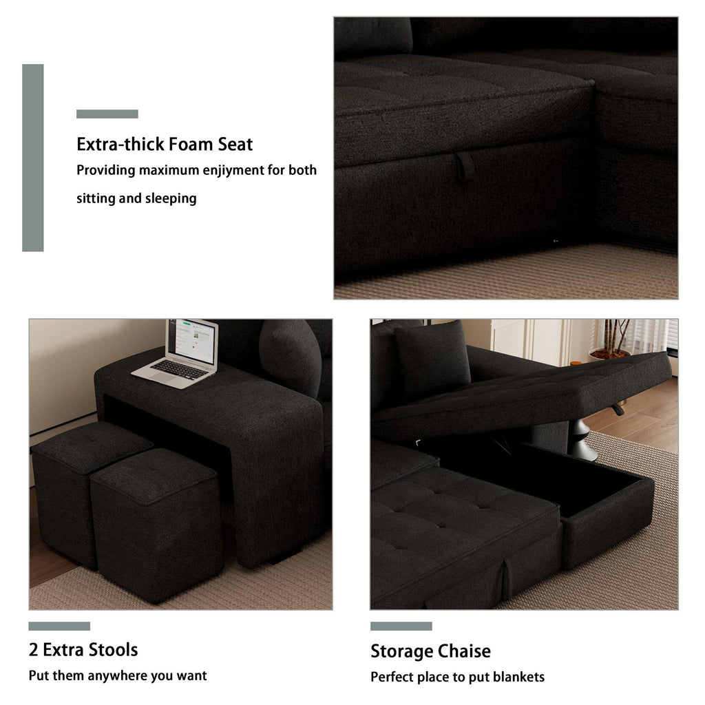 Reversible L-Shape Sleeper Sectional Sofa with Storage Chaise and 2 Stools - Multiple Colors