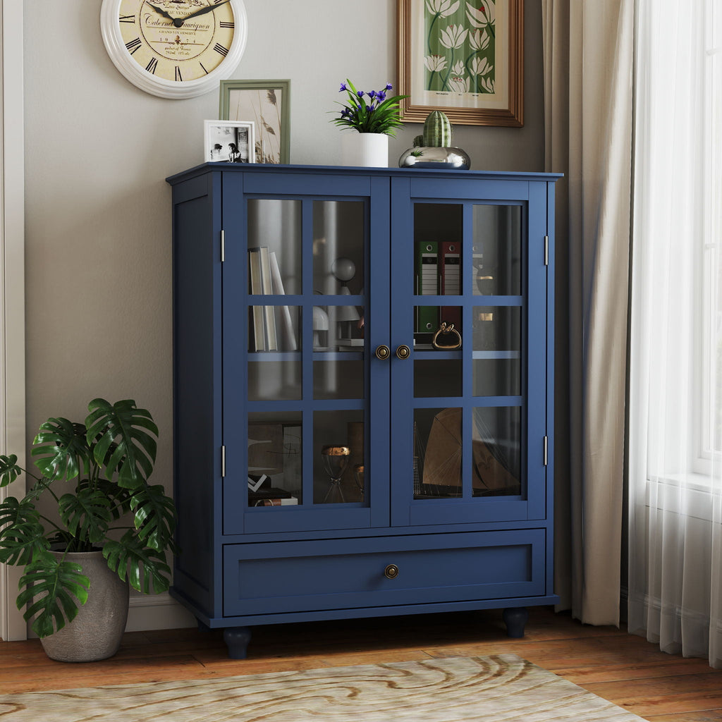 Minimalist Buffet Cabinet with Double Glass Doors and Drawer - White, Green, Black, Blue