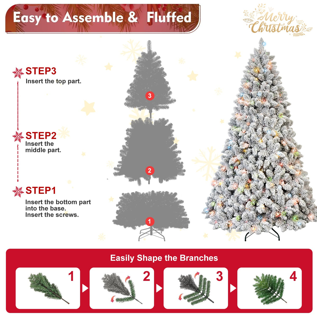 6FT Flocked Christmas Tree with 350 Colorful UL Lights - Green