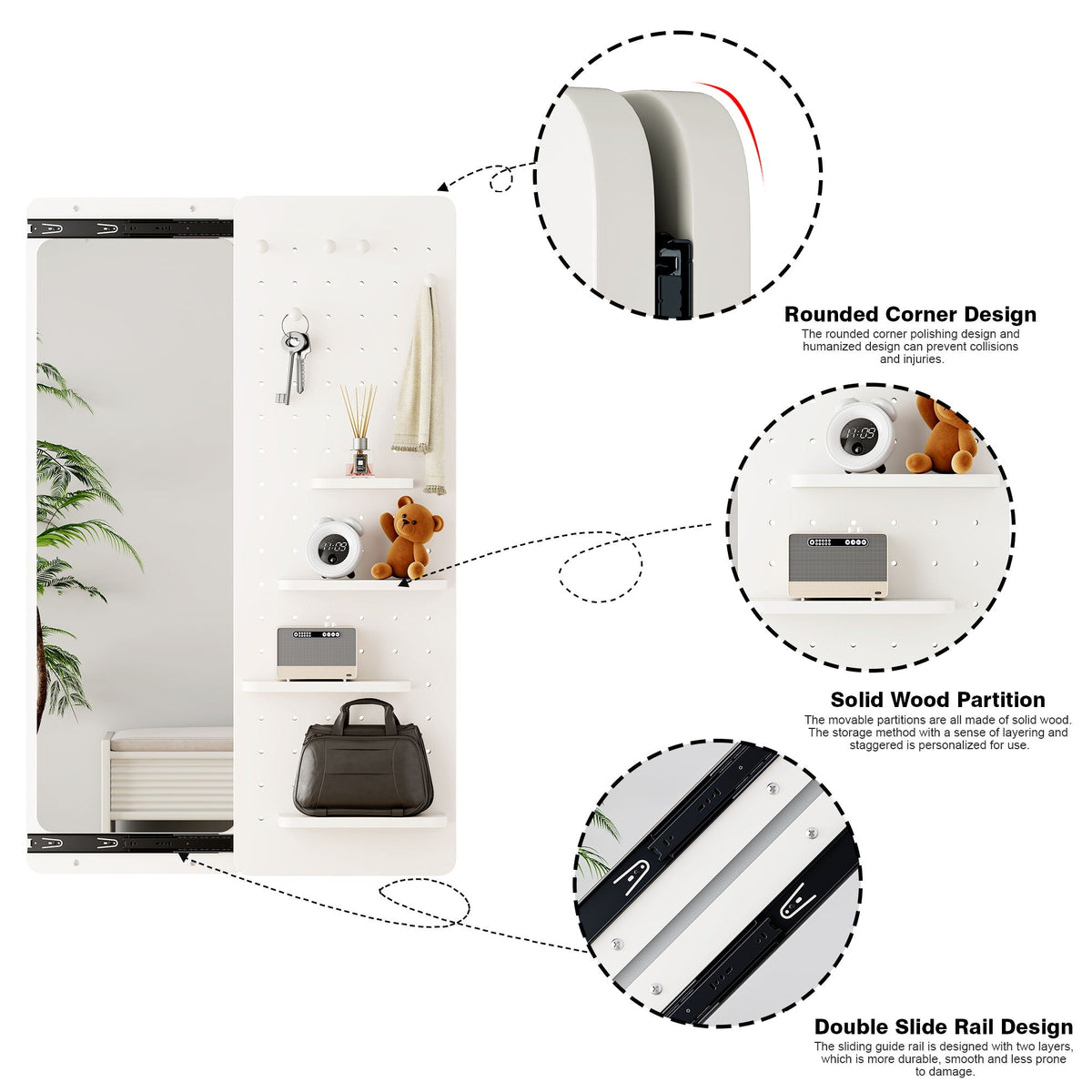 Full Length Wall Mounted Mirror with Shelf and Hook - Dark Brown, White, or Light Brown