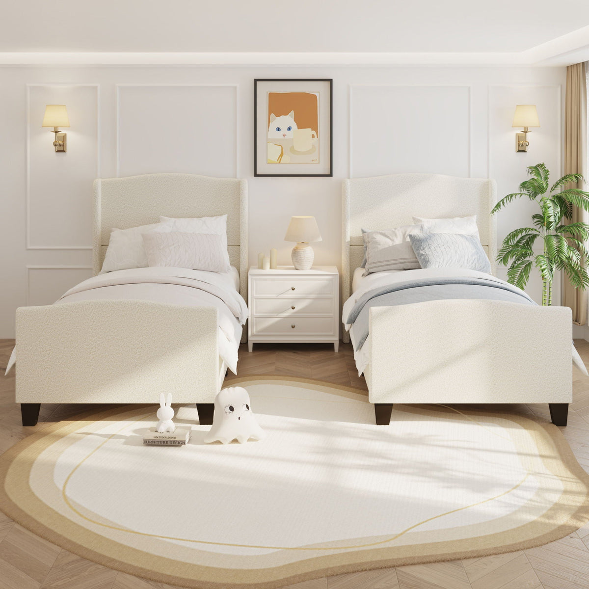 Platform Bed Frame with Tall Headboard and High Footboard - White or Gray