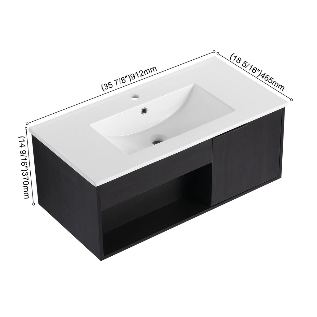 Wall Mounted Floating Bathroom Vanity with Open Shelf & Soft Close Door - Dark Brown