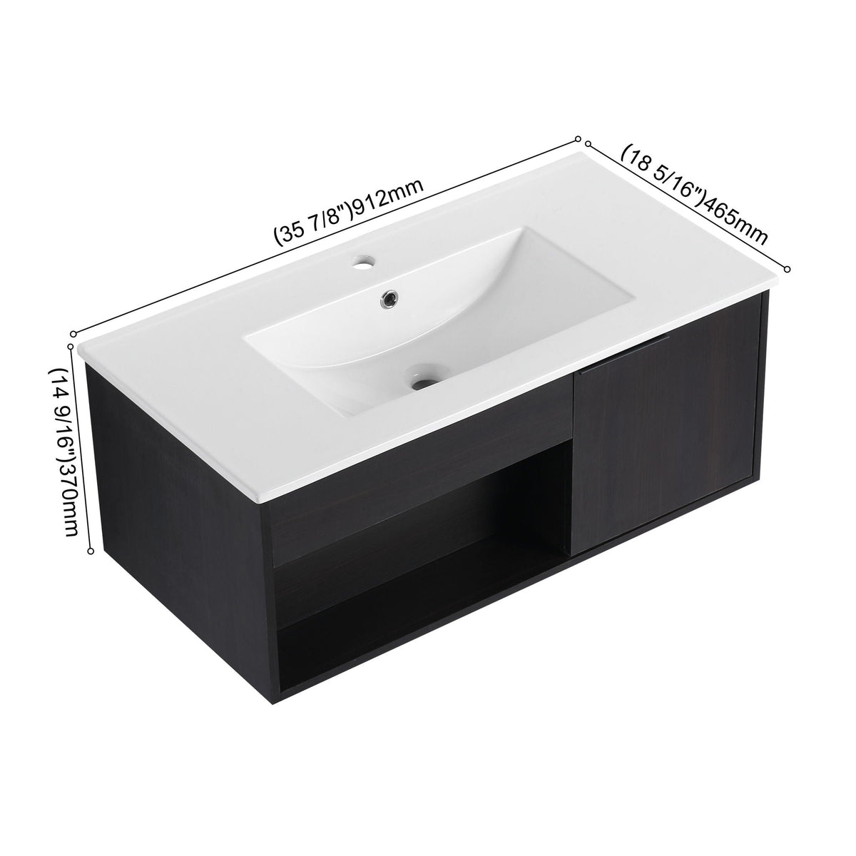 Wall Mounted Floating Bathroom Vanity with Open Shelf & Soft Close Door - Dark Brown