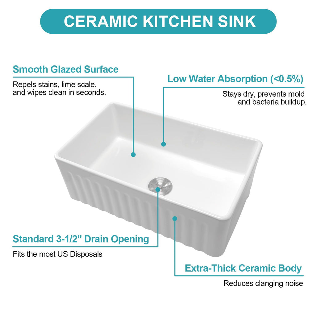 Ceramic Farmhouse Sink with Deep Basin and Stainless Steel Grid - White