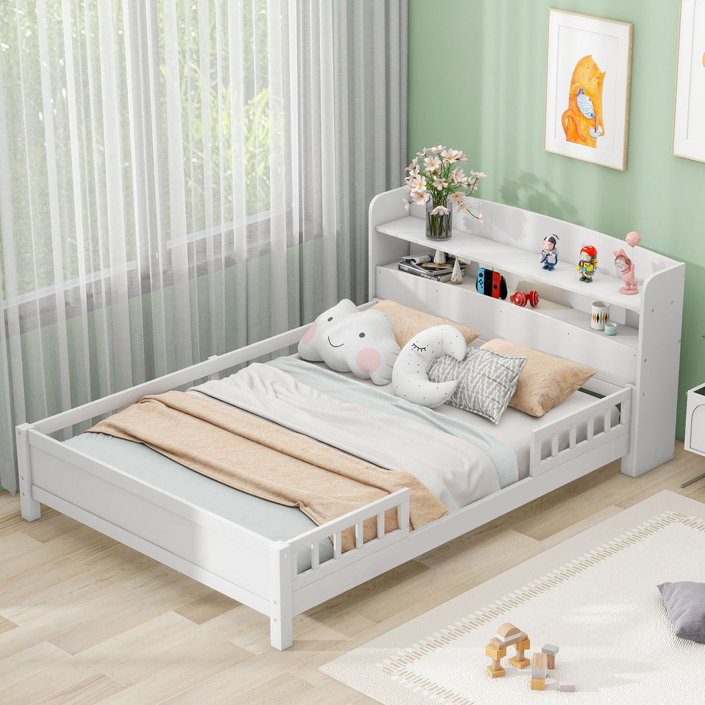 Wood Platform Storage Bed with LED Light & Storage Headboard - White or Dark Gray