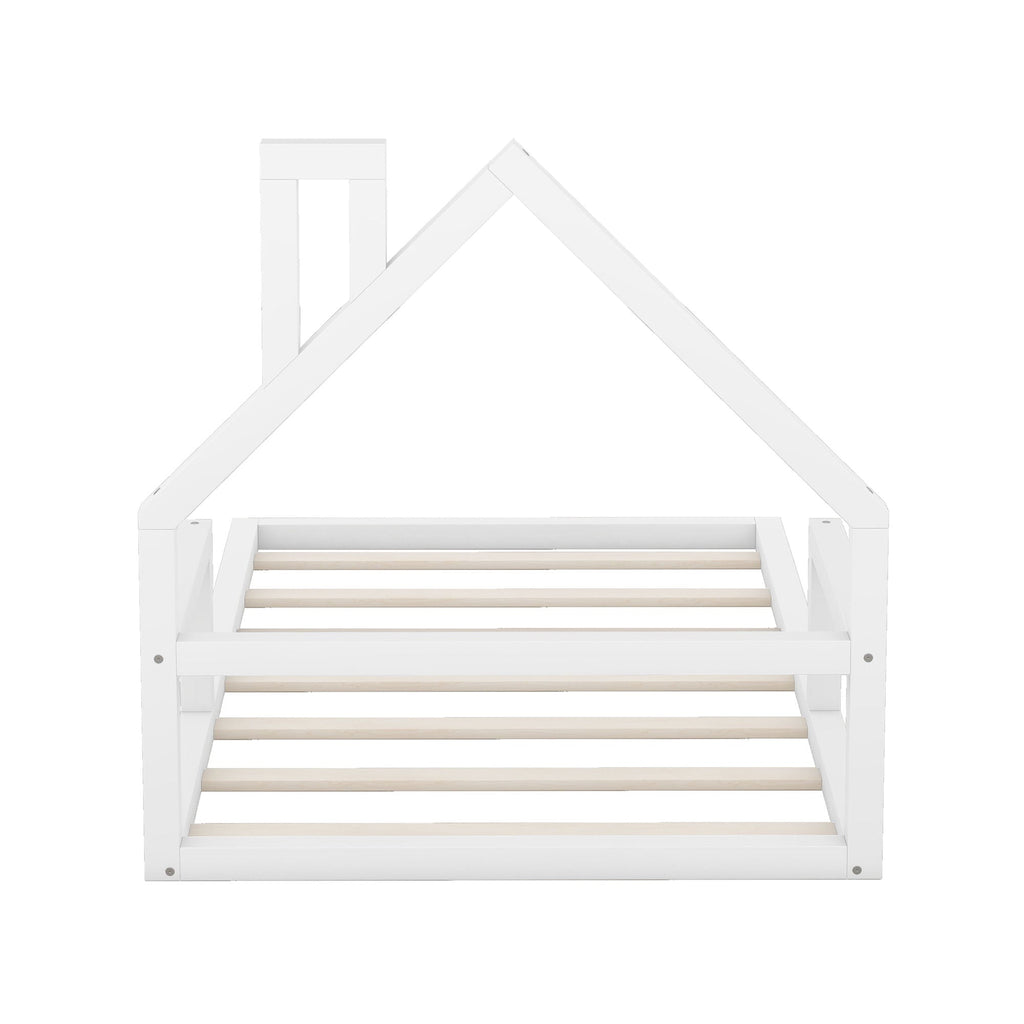 Floor Bed With House Shaped Headboard - Twin Size, Solid Pine - White or Light Brown