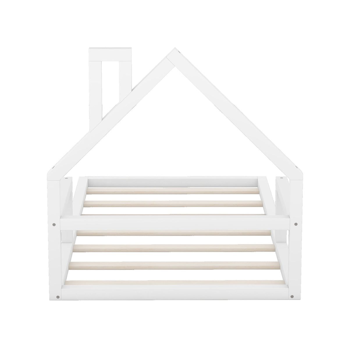 Floor Bed With House Shaped Headboard - Twin Size, Solid Pine - White or Light Brown