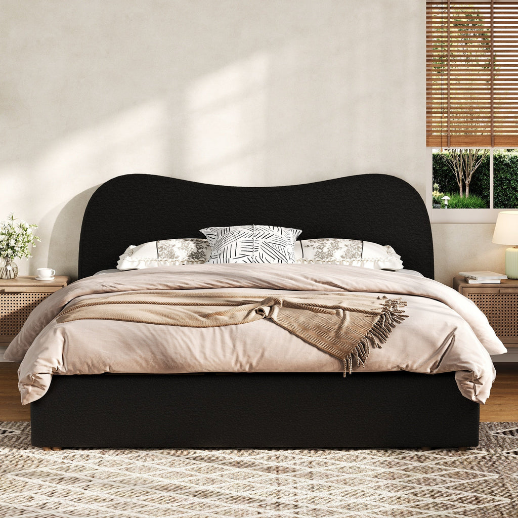 King Size Upholstered Platform Bed with Wooden Slats - Black or White
