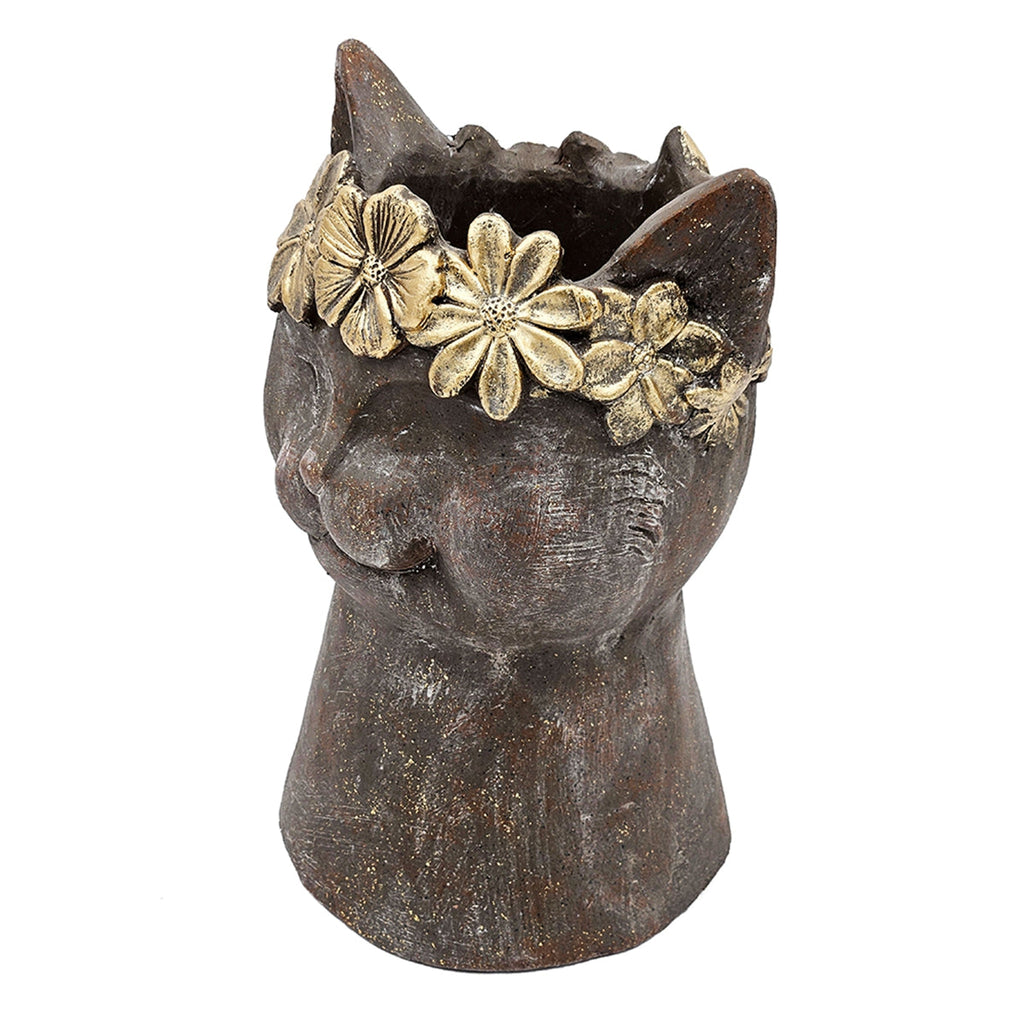 Magnesium Cat Statue Planter with Textured Finish - Brown & Gold