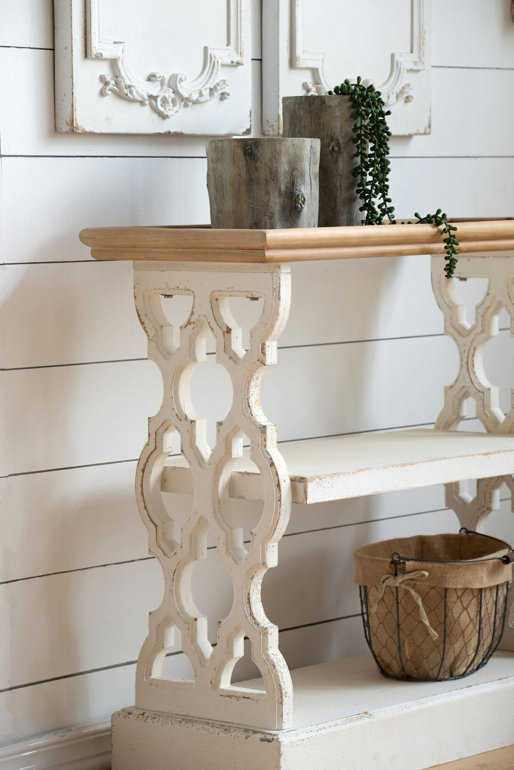 Distressed Wood Shelf Tray Console Table - Brown / Antique White