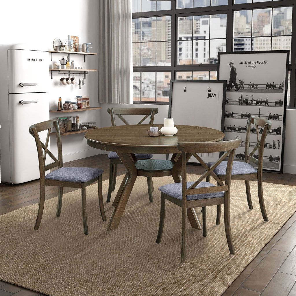 Round Rubber Wood Dining Table with Modern Pedestal Base - Natural Finish