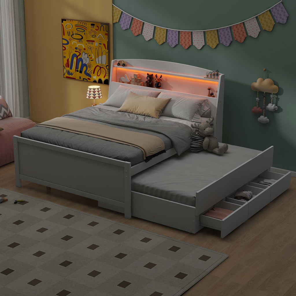 Full Size Platform Bed with Storage LED Headboard and Twin Trundle - White