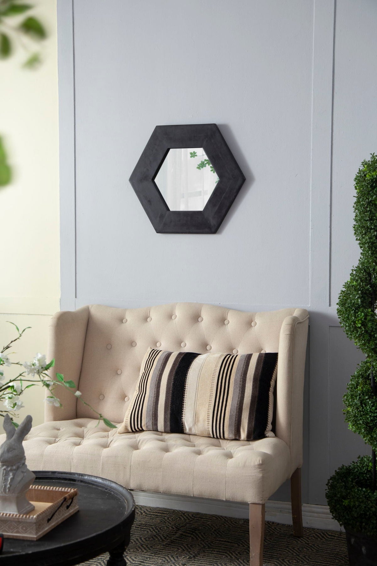 Hexagon Accent Mirror with Solid Teak Wood Frame - Light Brown, Dark Brown, Black