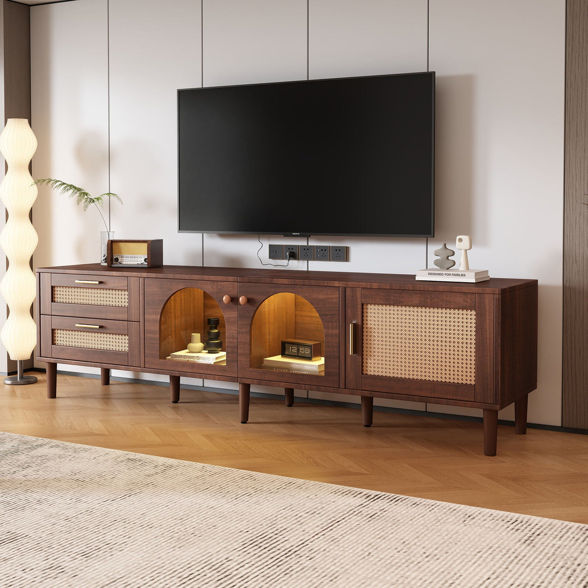 TV Stand With 3 Cabinets & 2 Drawers with LED Light - Dark Brown