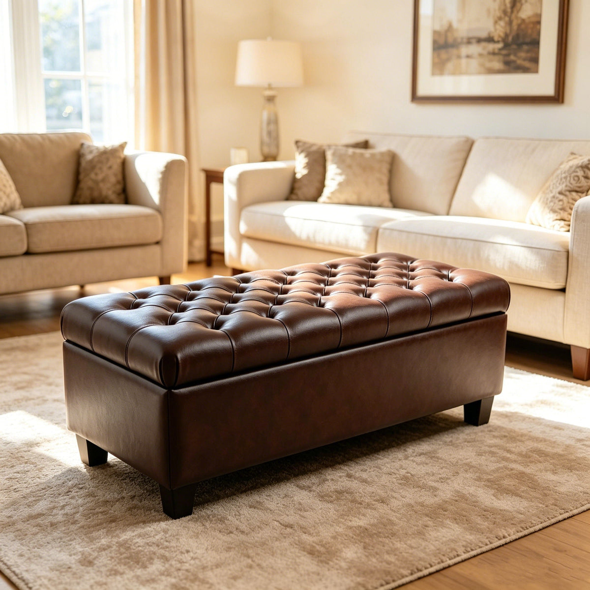 Storage Ottoman Bench with Safety Hinges - Faux Leather or Fabric
