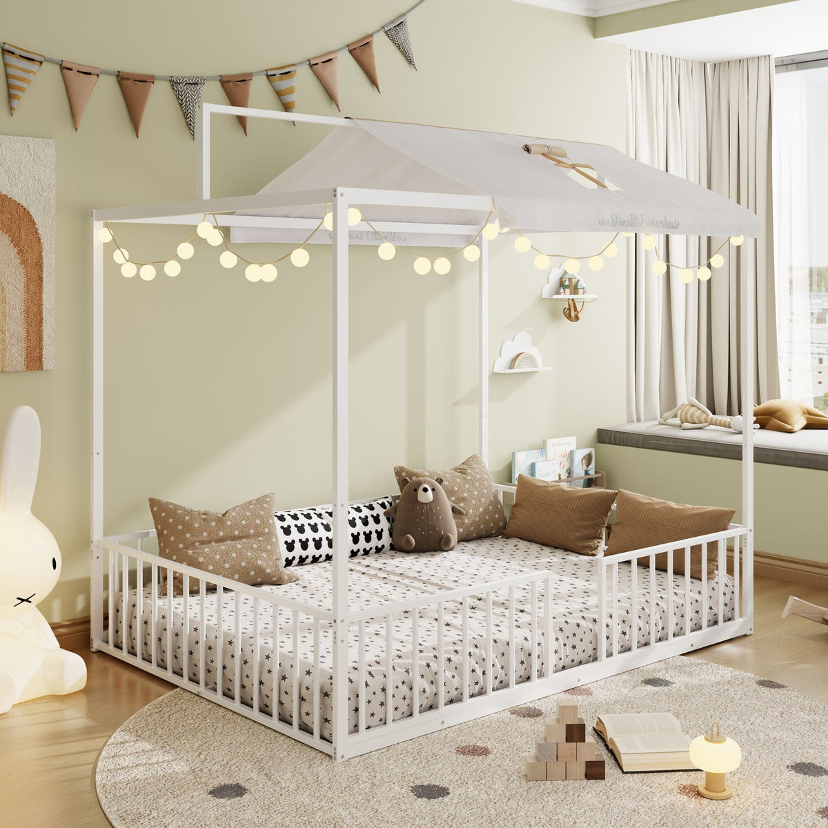 3 In 1 Convertible Montessori Floor Bed with Fenced Support - Full