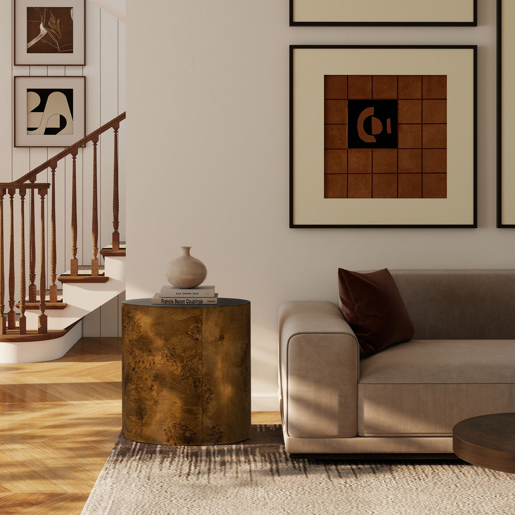 Accent Oval Pillar Side Table with Burl Wood Veneer - Light or Dark Brown