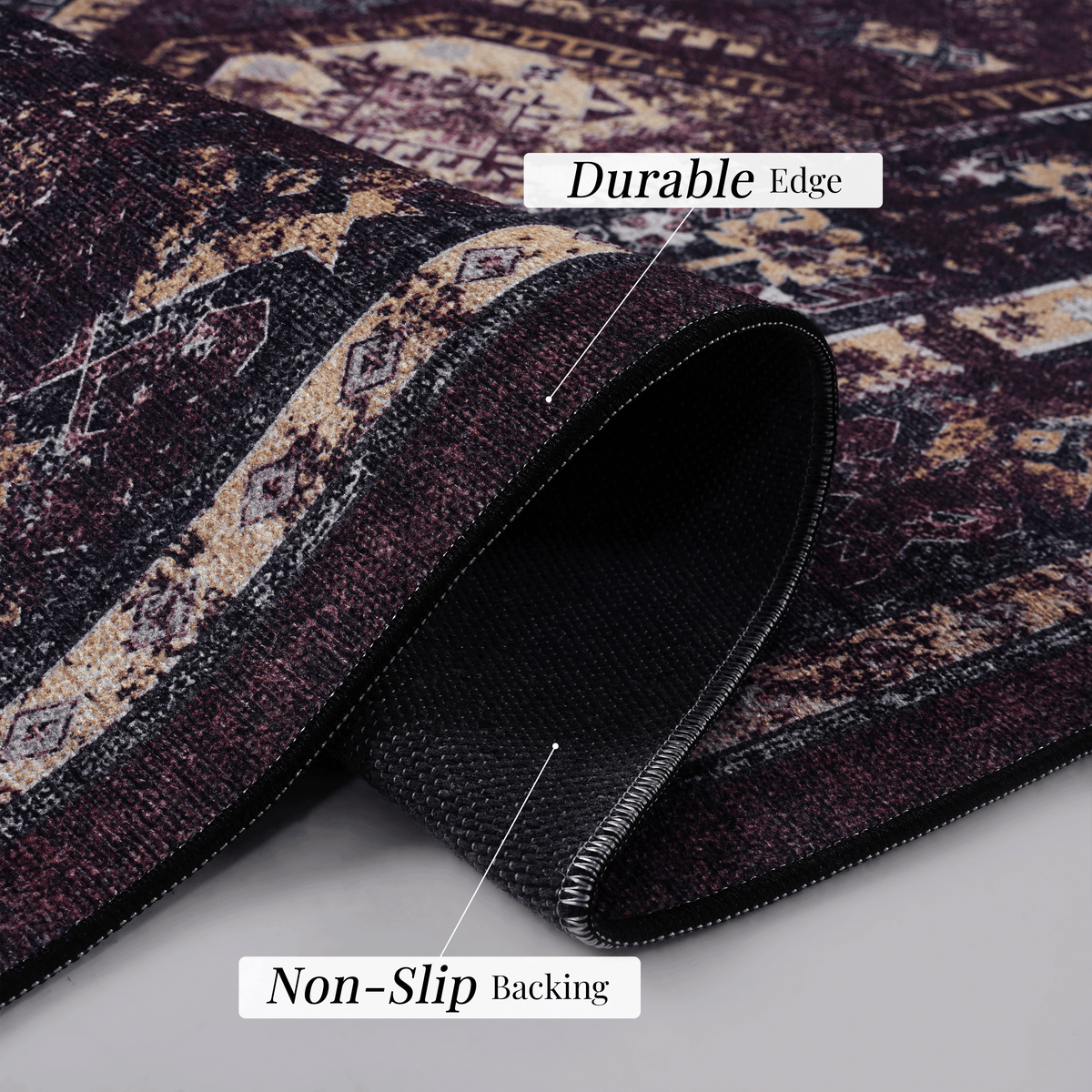 Burgundy Washable 8x10 Area Rug with Non-Shedding Polyester
