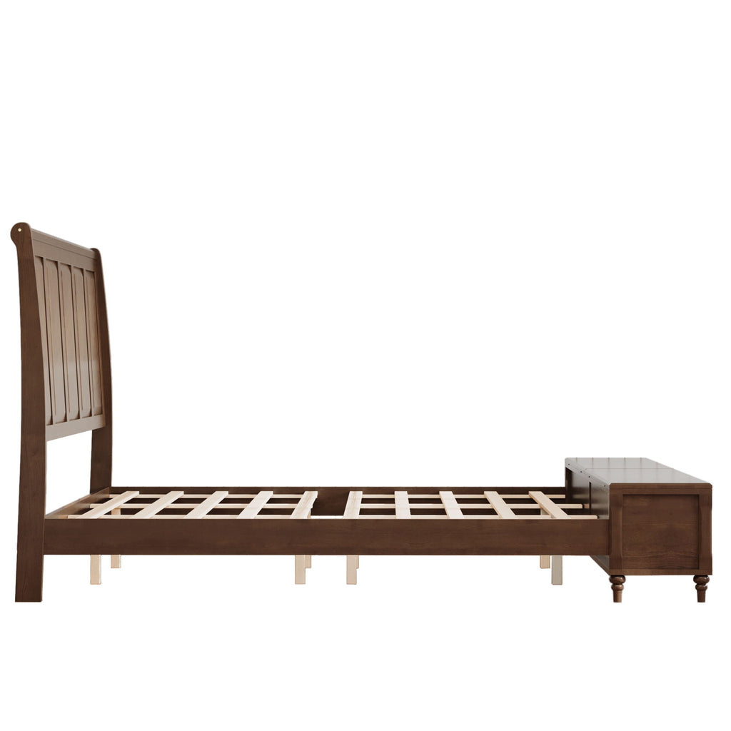 Sleigh Bed Frame with Tall Headboard and Storage Bench - Dark or Light Brown