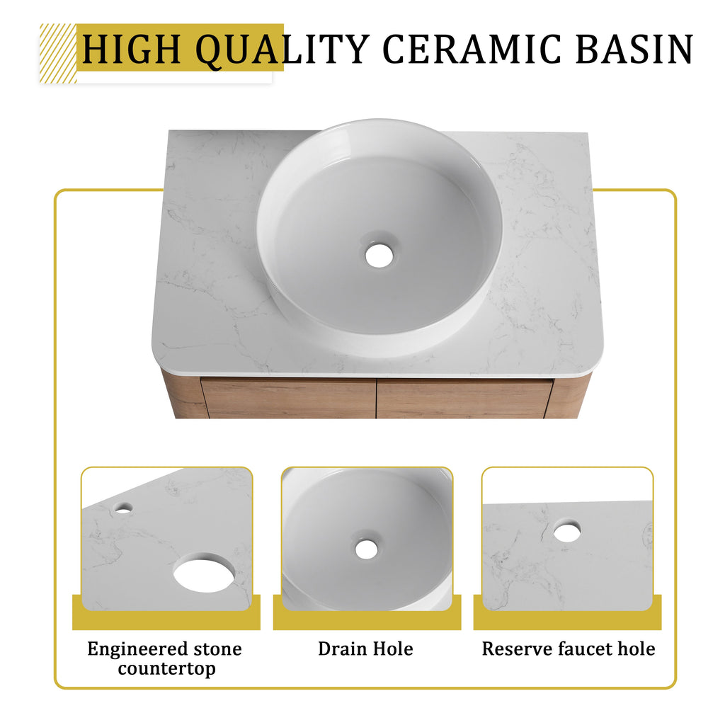 72" Wall-Mounted Bathroom Vanity with Ceramic Sink and Soft-Close Doors - White