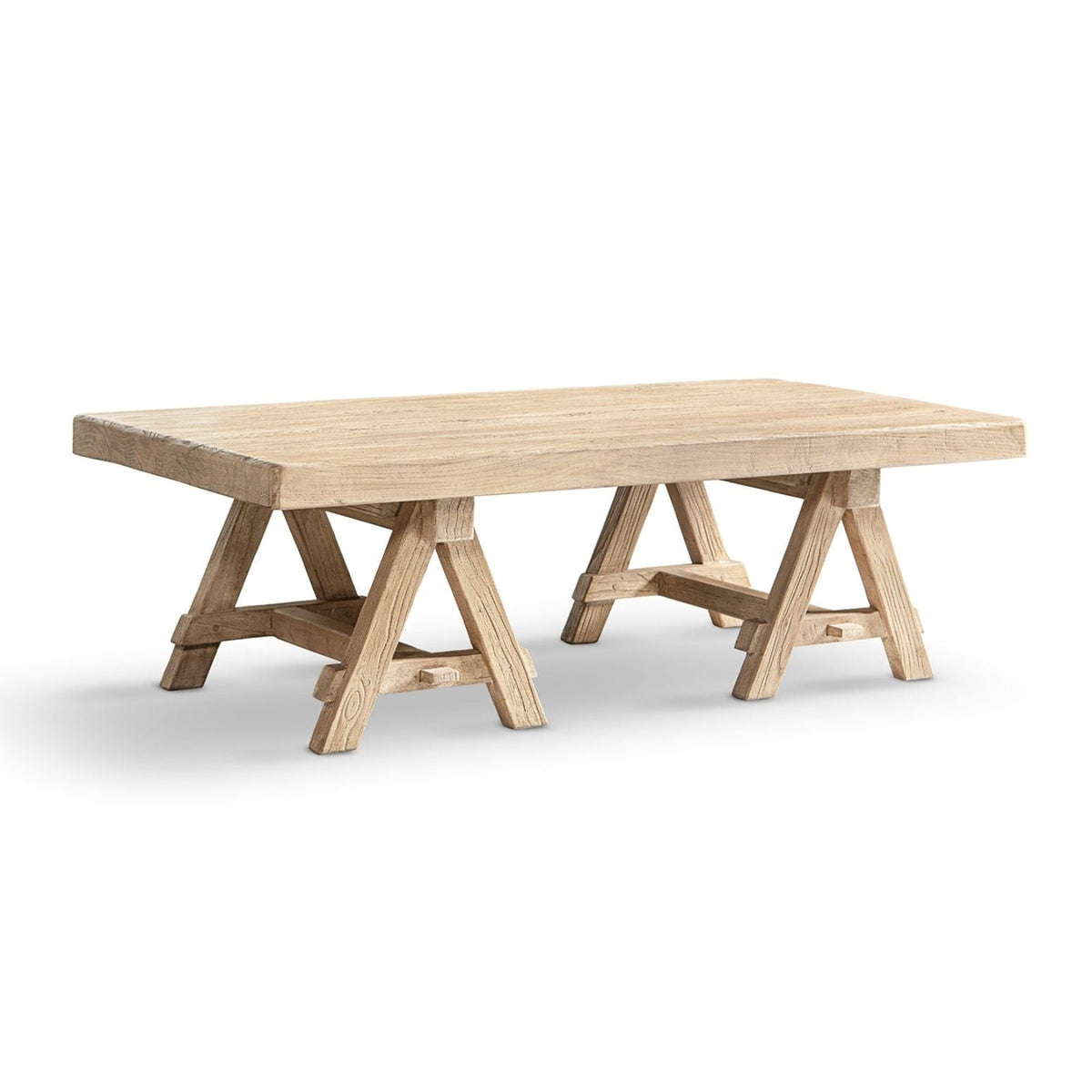 Trestle Coffee Table with Solid Reclaimed Elm Construction - Dark or Light Brown