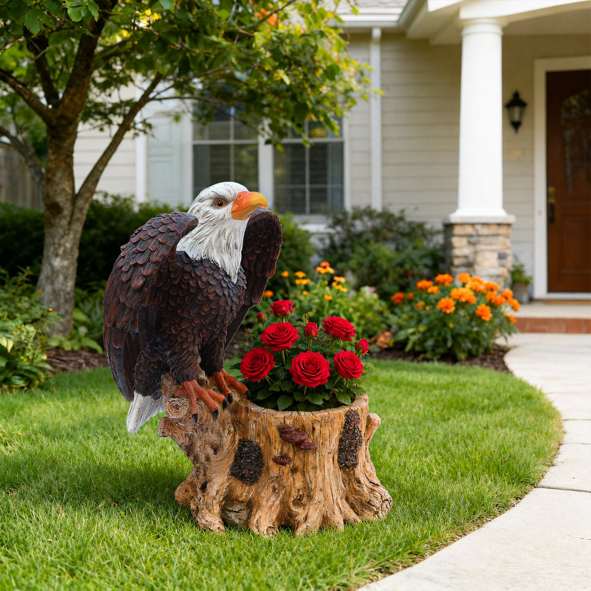Majestic Eagle Garden Planter Pot with Tree Stump Base