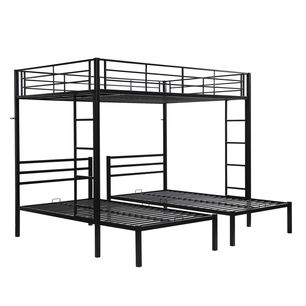 Modern Metal Triple Bunk Bed with Storage Shelf - Black