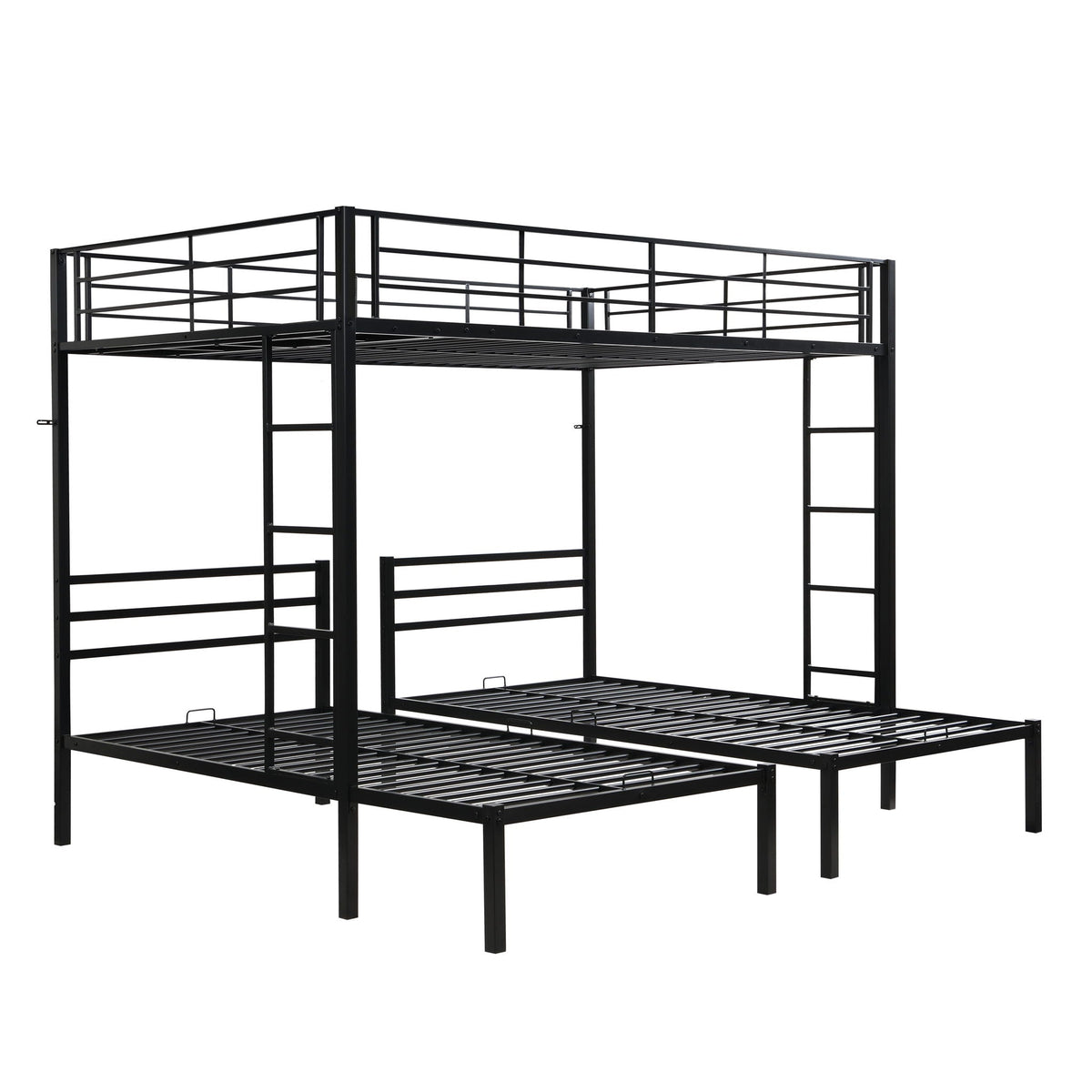 Modern Metal Triple Bunk Bed with Storage Shelf - Black