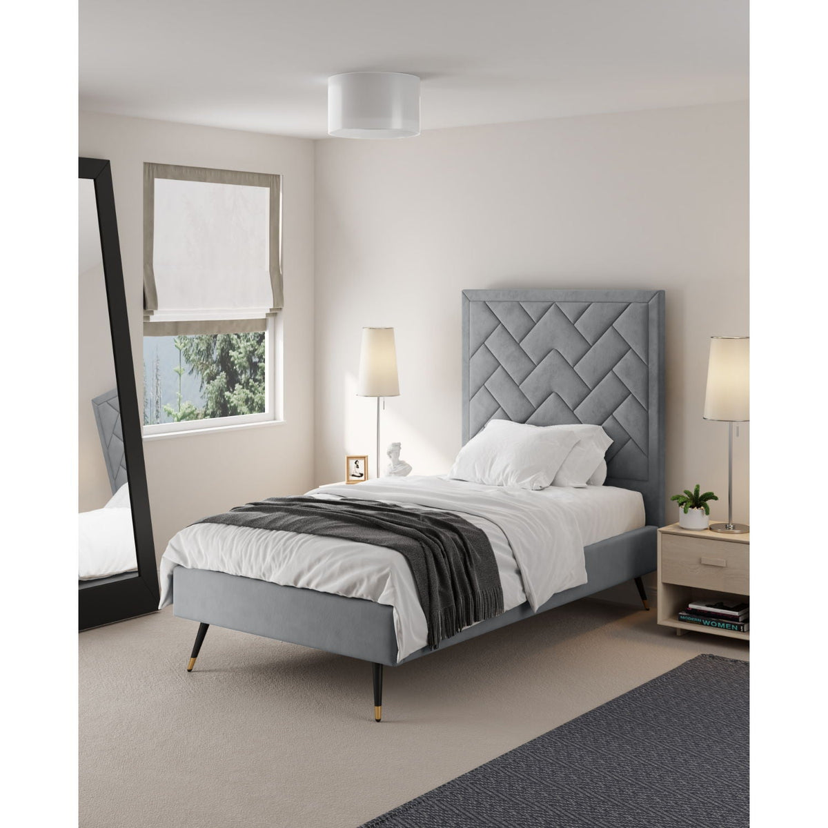 Upholstered Bed with Headboard and Slats - Multiple Colors