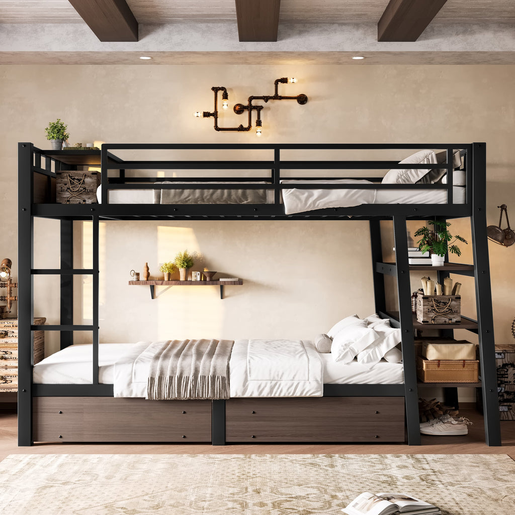 Twin Size Metal Bunk Bed with Storage Shelves and LED Light Strip - Black